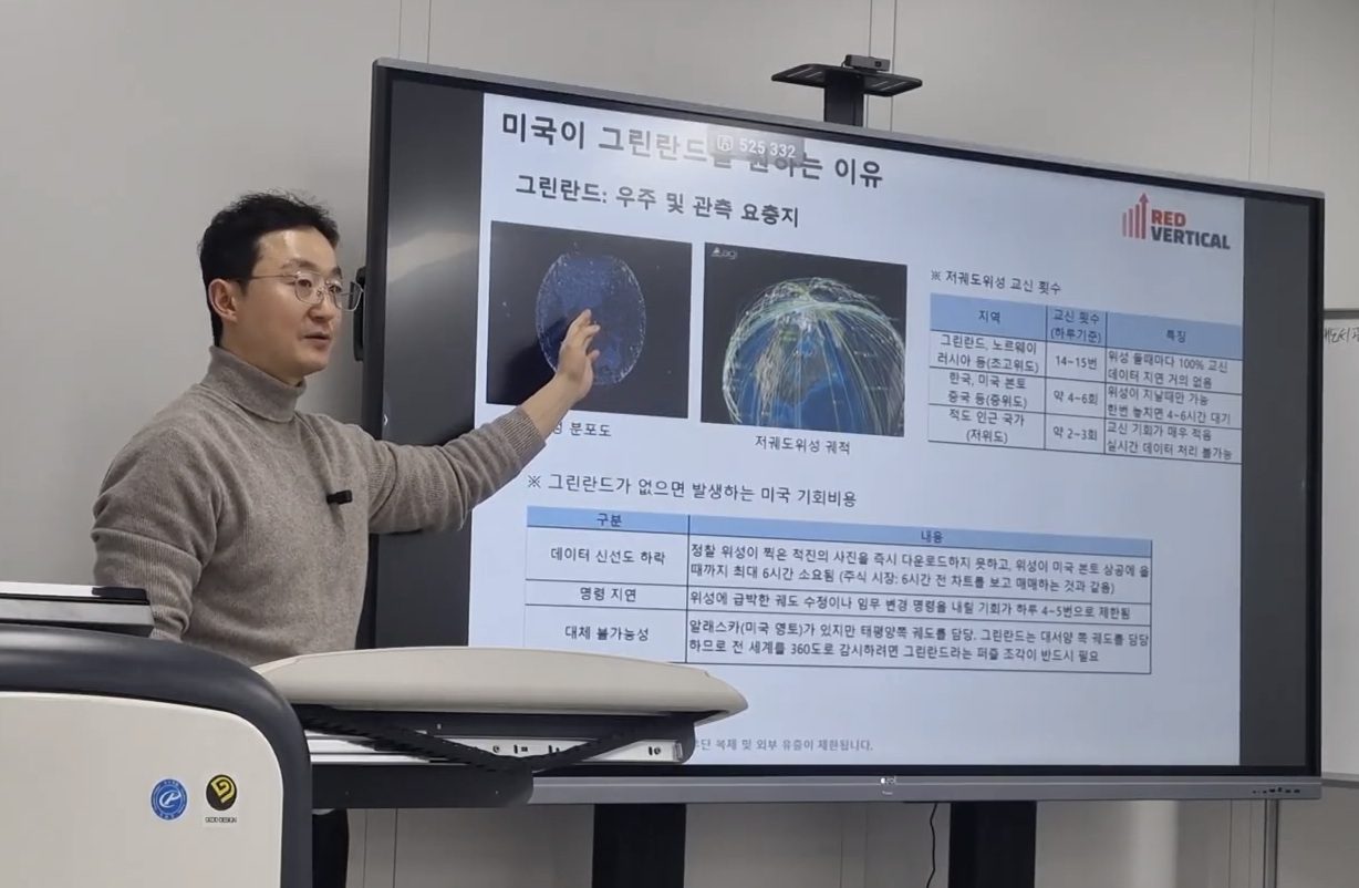 레드버티컬 거시경제 세미나에서 강사가 저궤도 위성 자료를 설명하는 장면